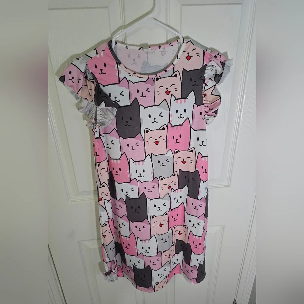 Shein Girls Flutter Sleeve Cat Print Casual Dress 11-12Y